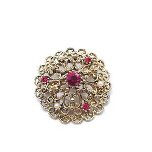 Vintage Gold Tone Brooch Red Rhinestones Faux Pearls 1.5 Inches Round